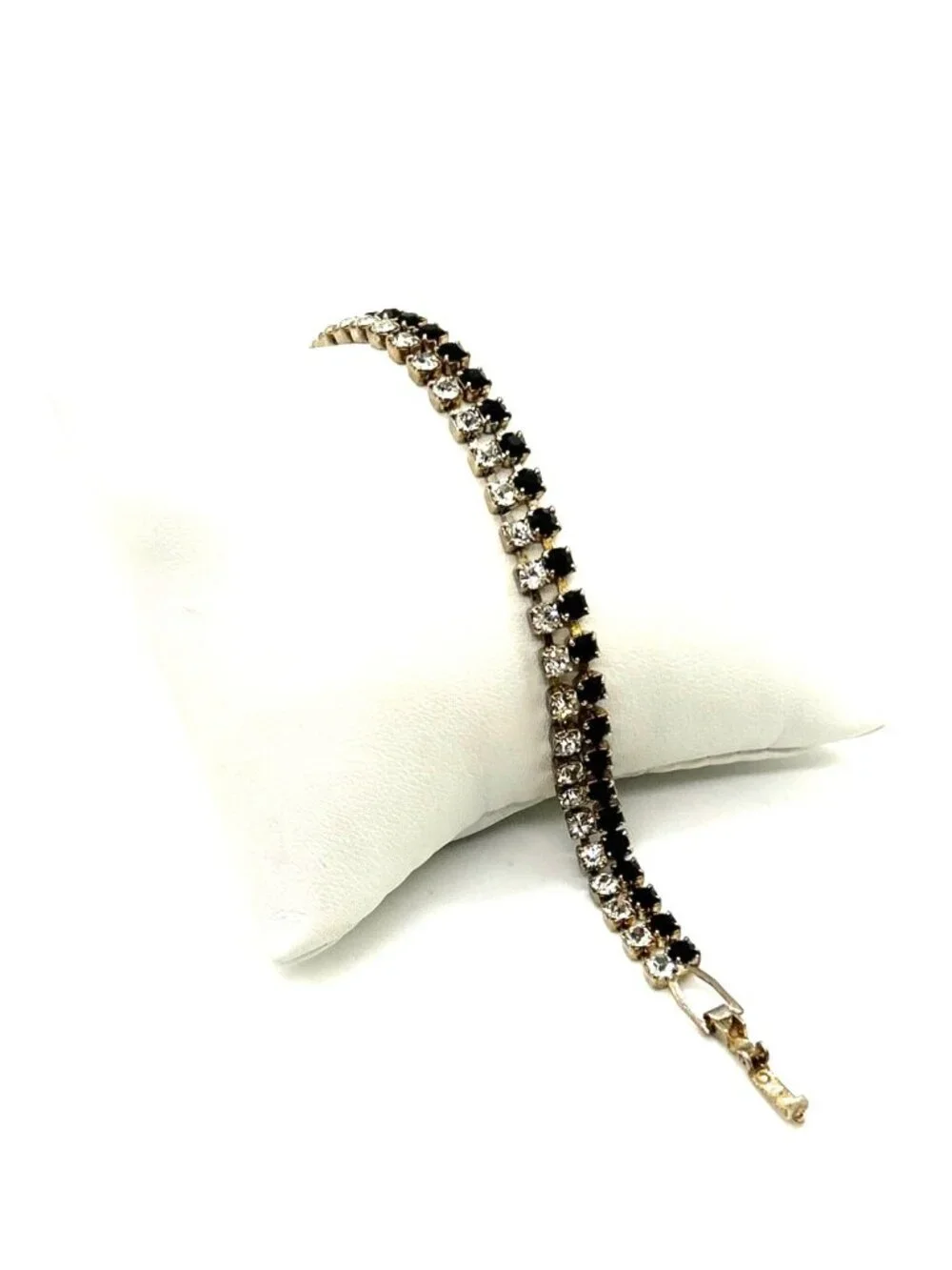 Vintage Tennis Bracelet With Black & Clear Rhinestones Silver Tone 6.5 Inches Lo - Picture 1 of 11